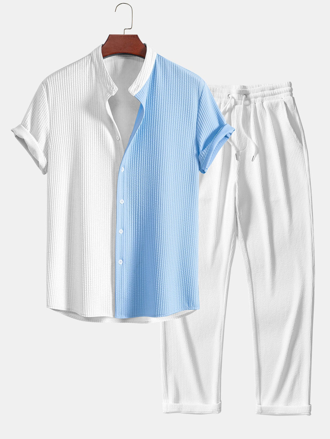Twee Kleur Spier Fit Ribbel Stand Kraag Shirt & Rechte Pijp Ribbel Broek