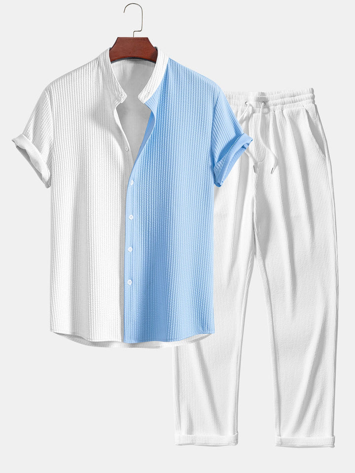 Twee Kleur Spier Fit Ribbel Stand Kraag Shirt & Rechte Pijp Ribbel Broek