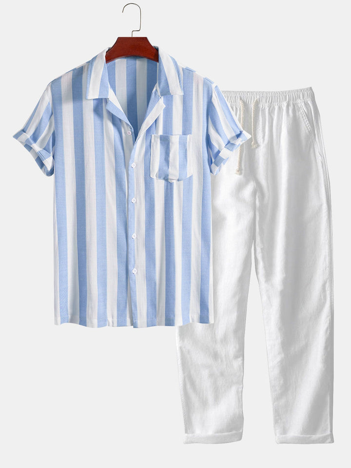 Gestreepte Cubaanse Kraag Shirt & Rechte Linnen Broek