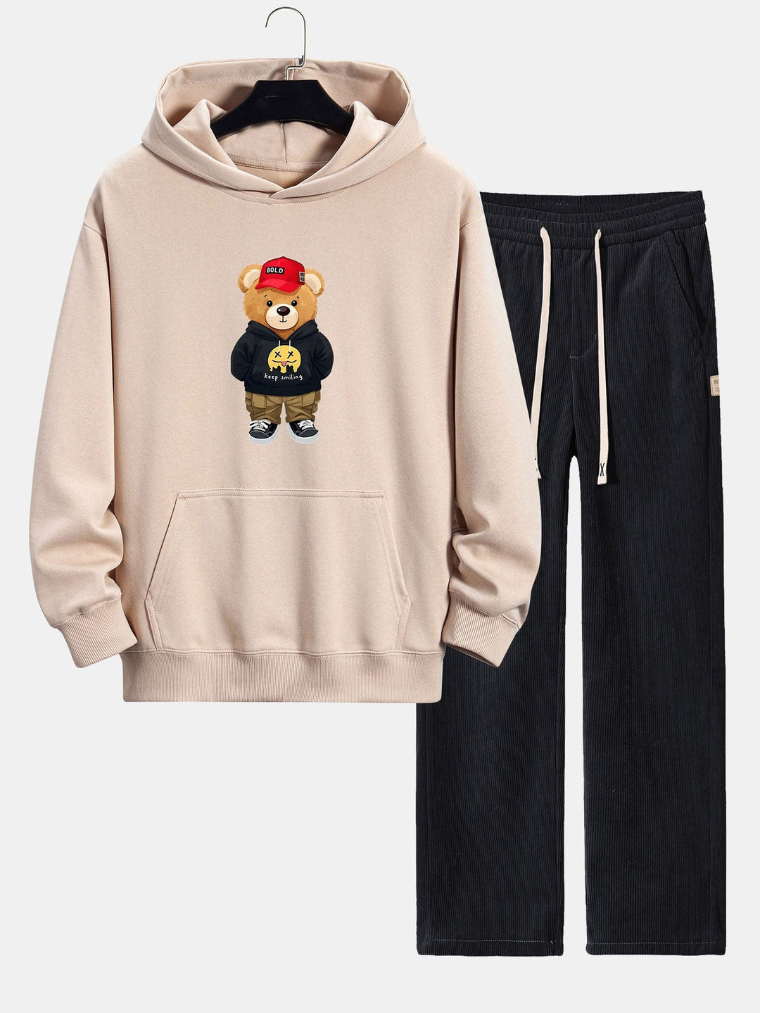 Hip Hop Beer Print Relax Fit Hoodie & Rechte Pijpen Corduroy Broek