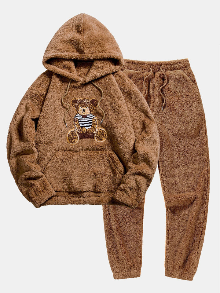 Beren Geborduurd Patch Teddy Hoodie & Teddy Jogger Broek