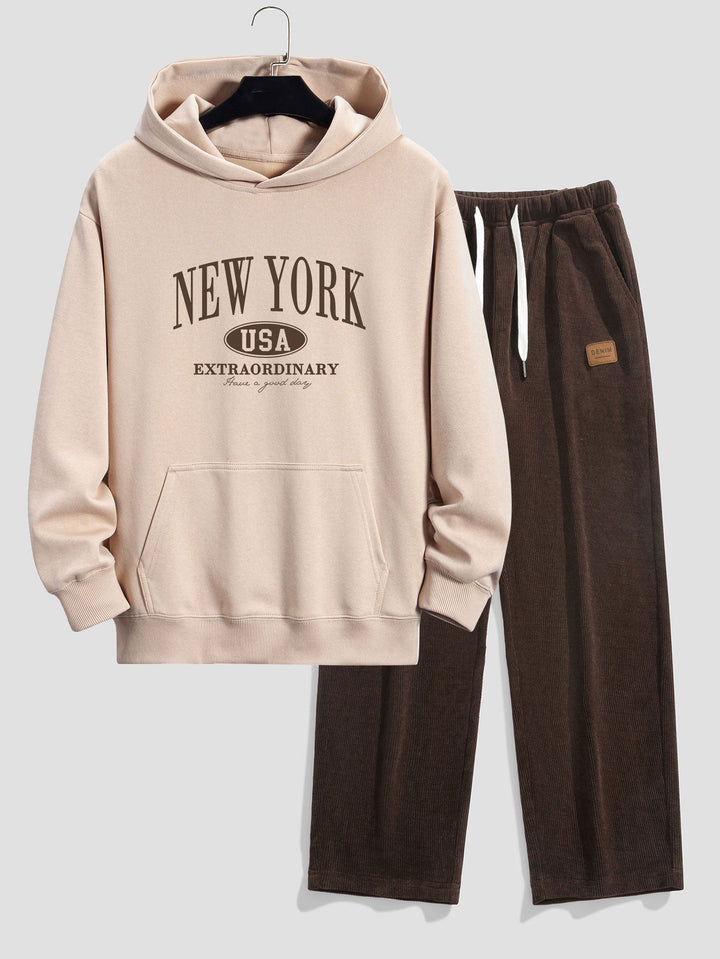New York Print Relax Fit Hoodie & Rechte Pijpen Corduroy Broek