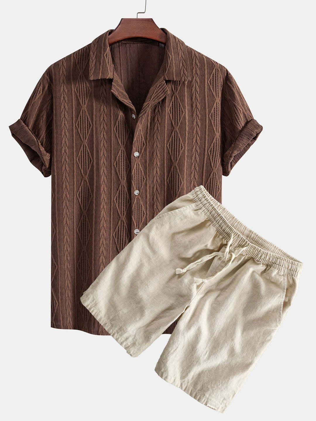 Geometrisch Jacquard Cubaanse Shirt & Linnen Katoen Mix Shorts