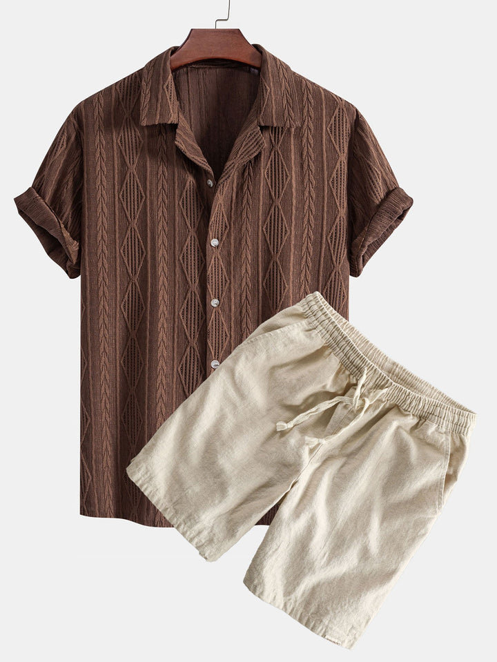 Geometrisch Jacquard Cubaanse Shirt & Linnen Katoen Mix Shorts