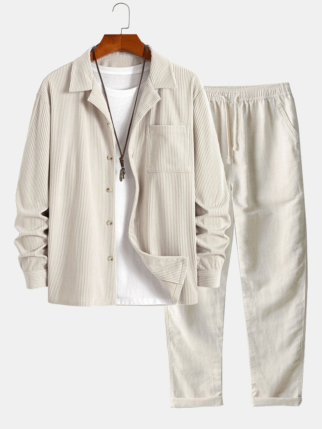 Lange Mouwen Corduroy Cubaanse Kraag Shirt & Rechte Pijpen Linnen Broek