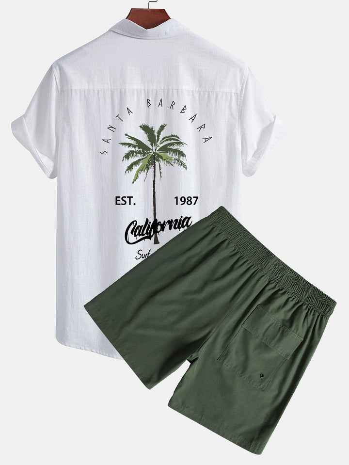 California Palm Tree Print Linnen Look Katoenen Overhemd met Knopen & Zwemshorts