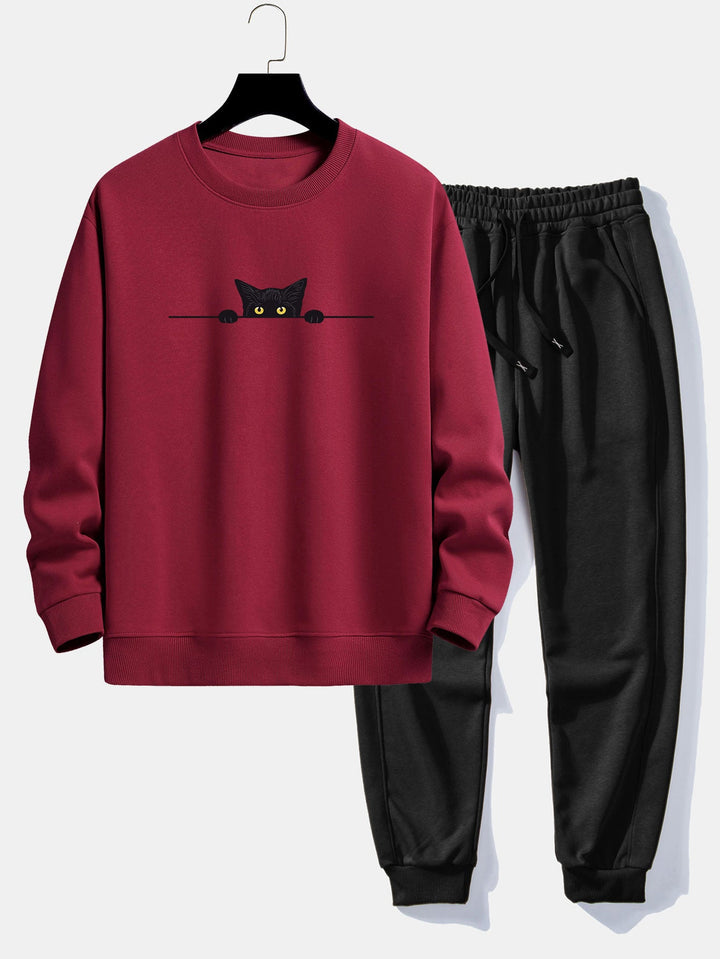 Zwarte Kat Print Relax Fit Sweatshirt & Joggingbroek