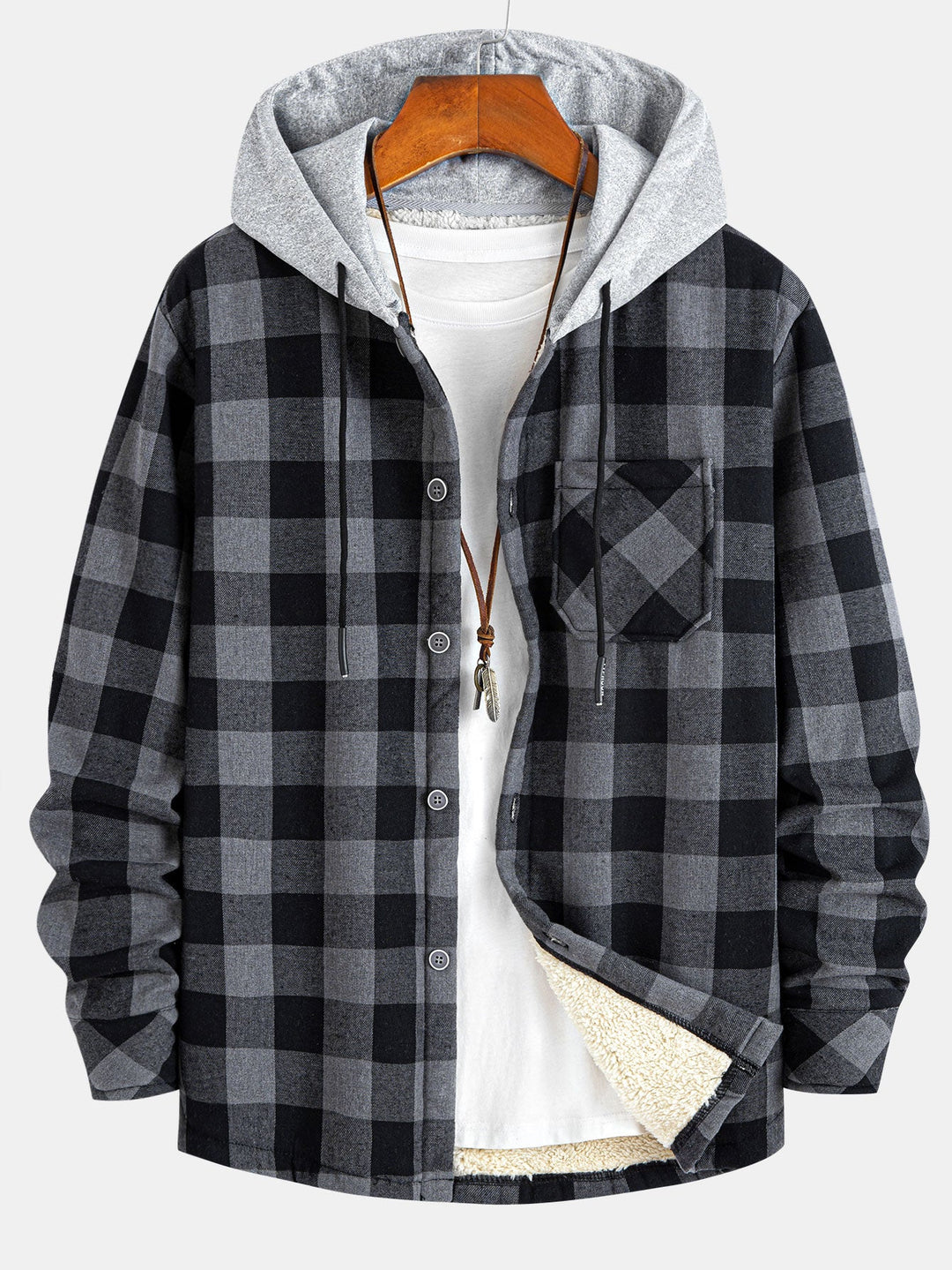 Teddy-lined plaid hooded blouse