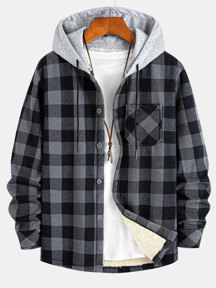 Teddy-lined plaid hooded blouse