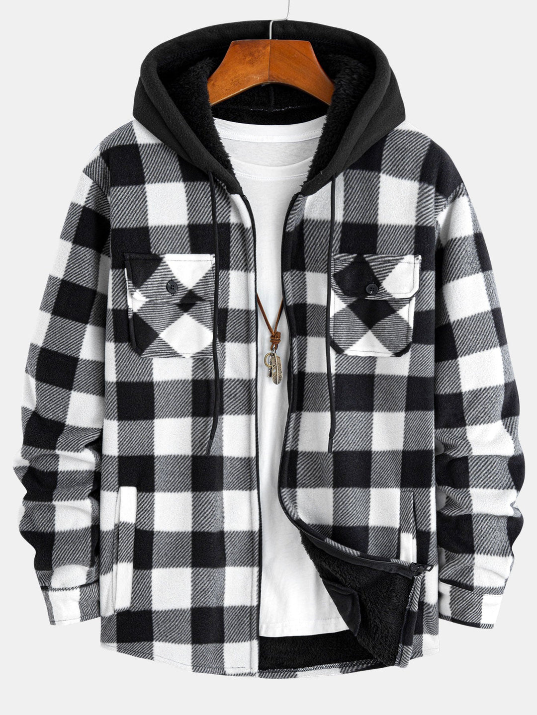 Flannel fleece-lined zipper hooded shirt