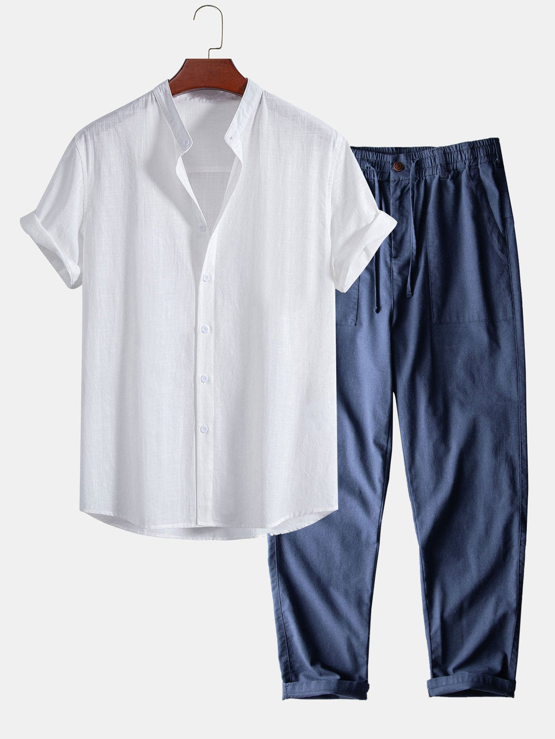 Linnen Look Katoen Staande Kraag Shirt & Rechte Pijpen Linnen Katoen Mix Broek