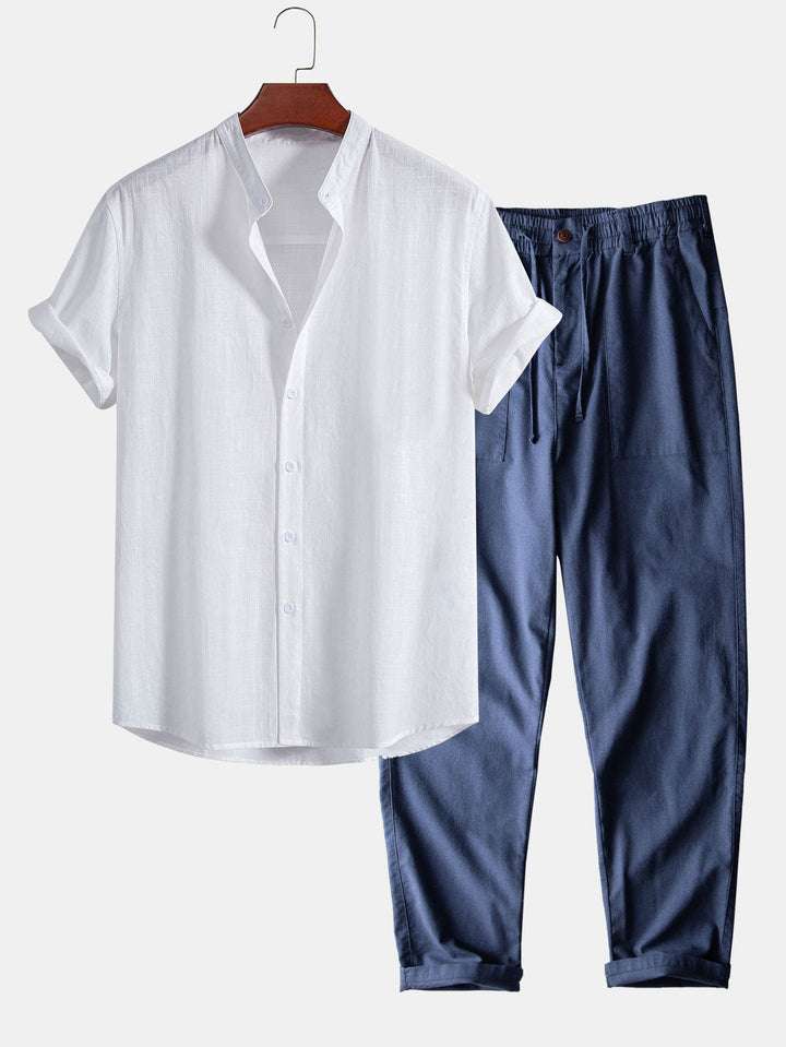 Linnen Look Katoen Staande Kraag Shirt & Rechte Pijpen Linnen Katoen Mix Broek