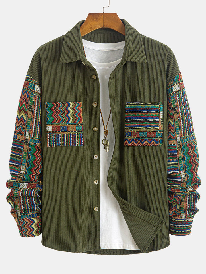 Relax Fit Etnische Geometrische Corduroy Patchwork Shirt # Willekeurig Patroon Ontwerp #