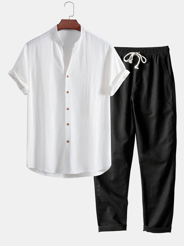 V-neck Linen Rayon Blend Shirt & Straight Leg Linen Pants