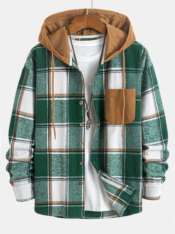 Relax Fit Contrast Corduroy Geruite Hoodie Shirt