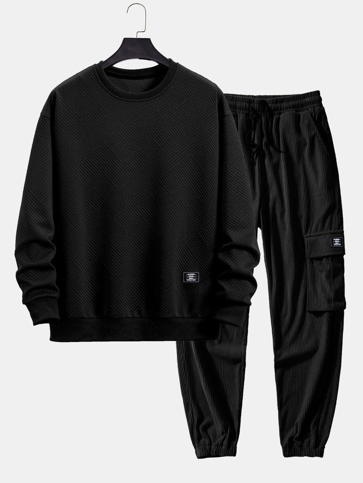Relax Fit Geometrisch Gestreept Sweatshirt & Trekkoord Corduroy Cargo Jogger Broek