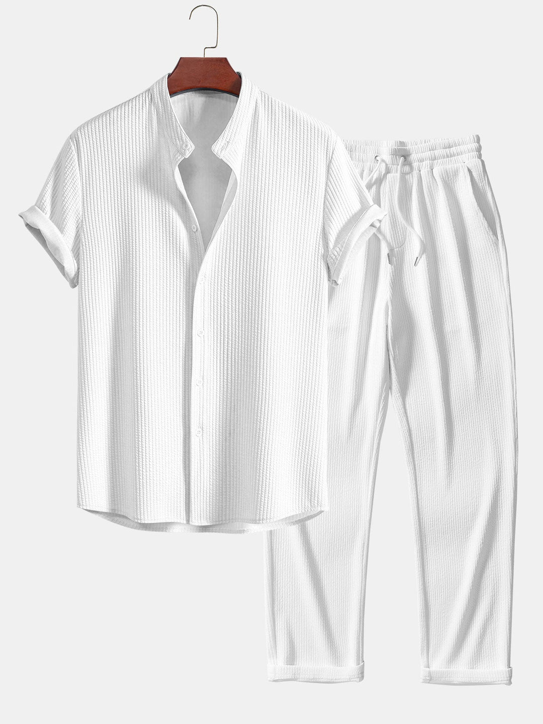Muscle Fit Geribbelde Staande Kraag Shirt & Rechte Geribbelde Broek