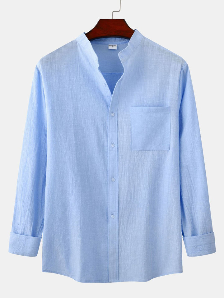 Lange Mouwen Linnen Look Staande Kraag Shirt & Rechte Pijpen Linnen Broek