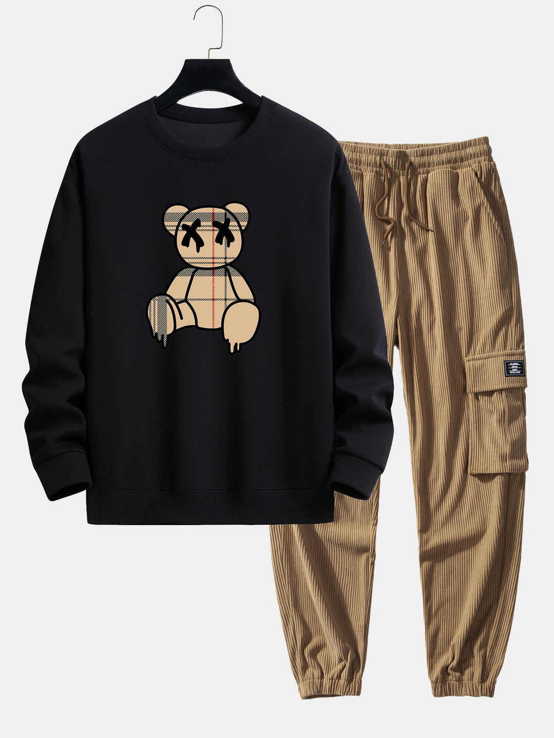 Geruite patroon oplosbare beerprint relax fit sweatshirt & trekkoord corduroy cargo jogger broek