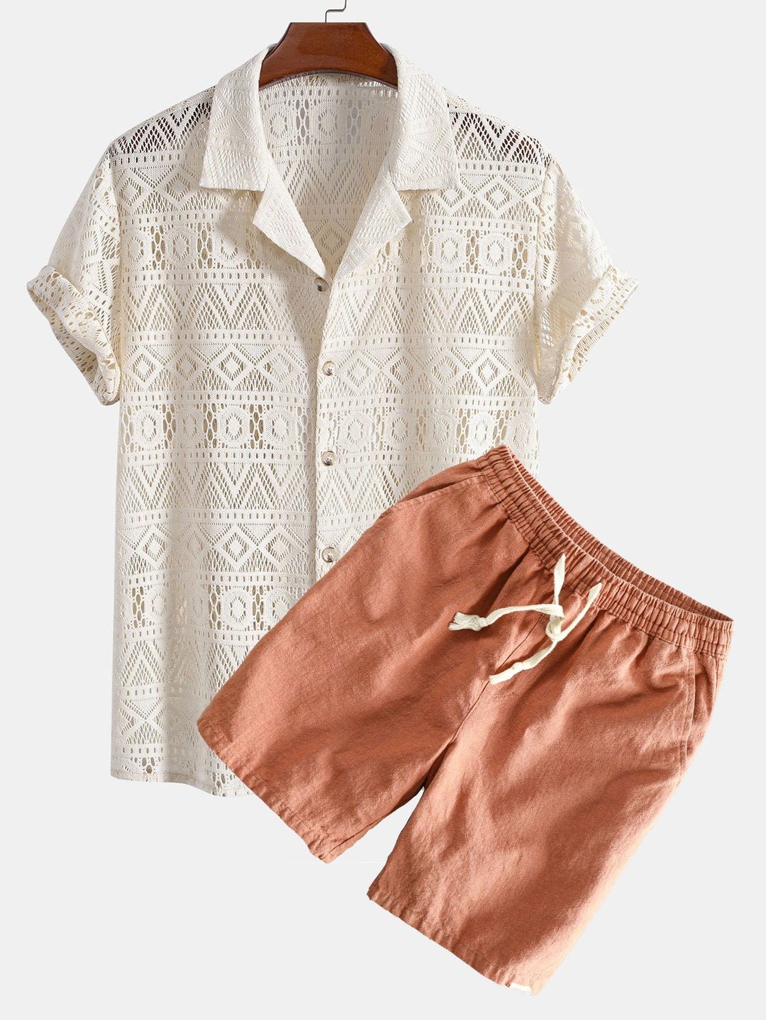 Korte Mouw Geometrisch Textuur Cuban Shirt & Linnen Katoen Mix Shorts