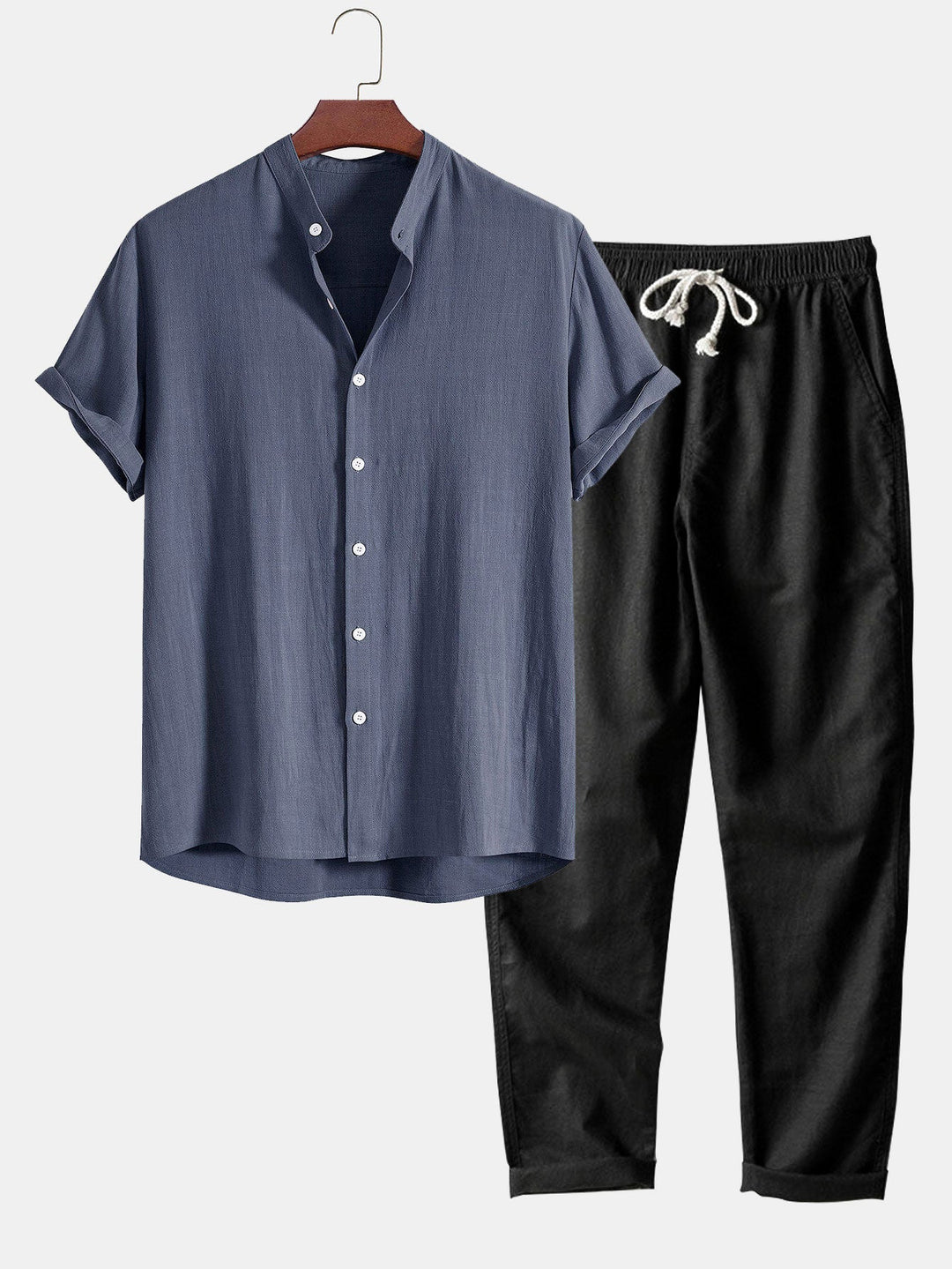 Linnen en Rayon Mix Staande Kraag Shirt & Rechte Pijpen Linnen Broek
