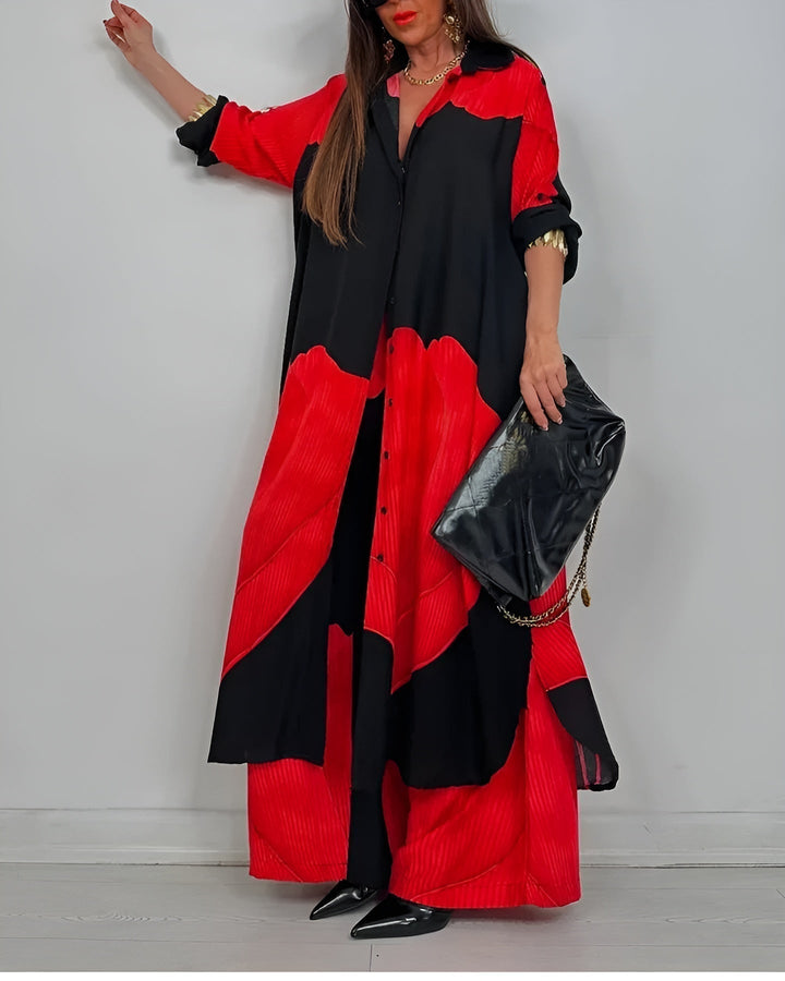ISABEAU – TRENDY PATCHWORK PRINTED TOP & WIDE LEG PANTS SET