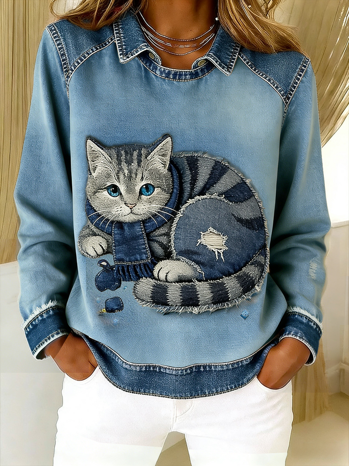 Lady l Retro Cat Denim Patchwork Sweatshirt