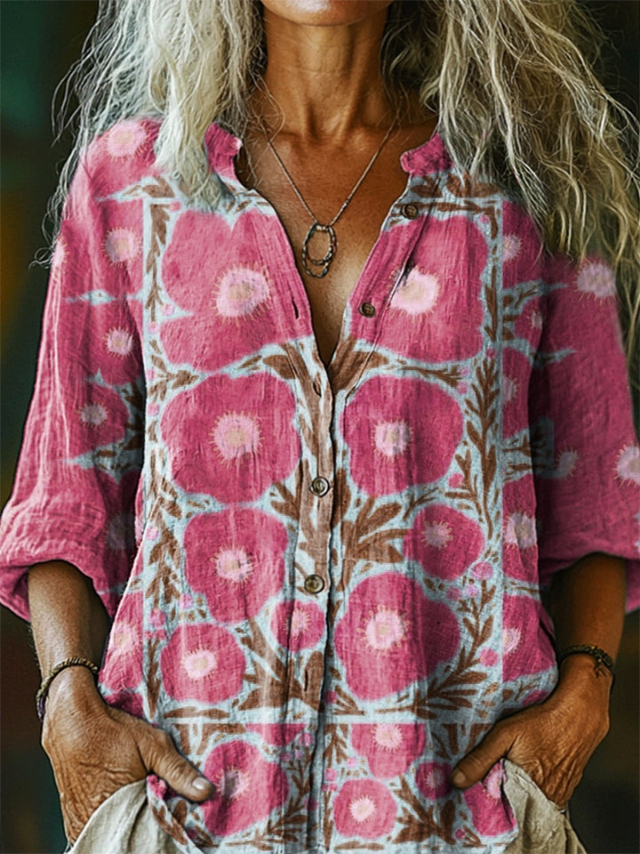Damesoverhemd met bloemenprint, casual katoen-linnen model.              WORD LID VAN DE FREE SPIRIT-FAMILIEWELKOM BIJ THE VIBEJE BENT AL BINNEN