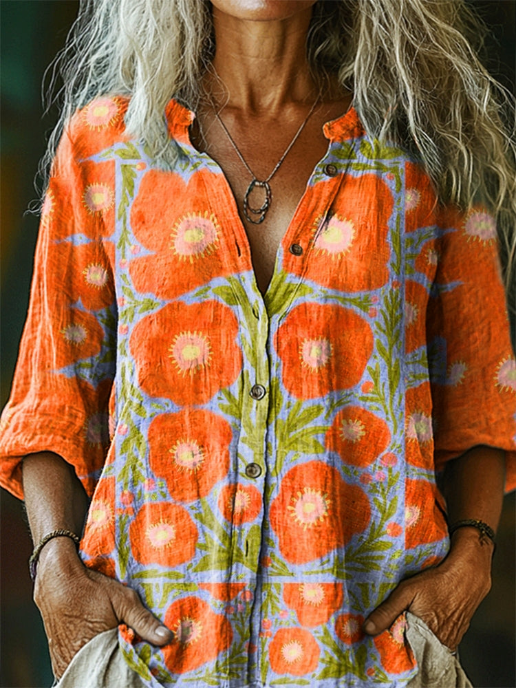 Damesoverhemd met bloemenprint, casual katoen-linnen model.              WORD LID VAN DE FREE SPIRIT-FAMILIEWELKOM BIJ THE VIBEJE BENT AL BINNEN