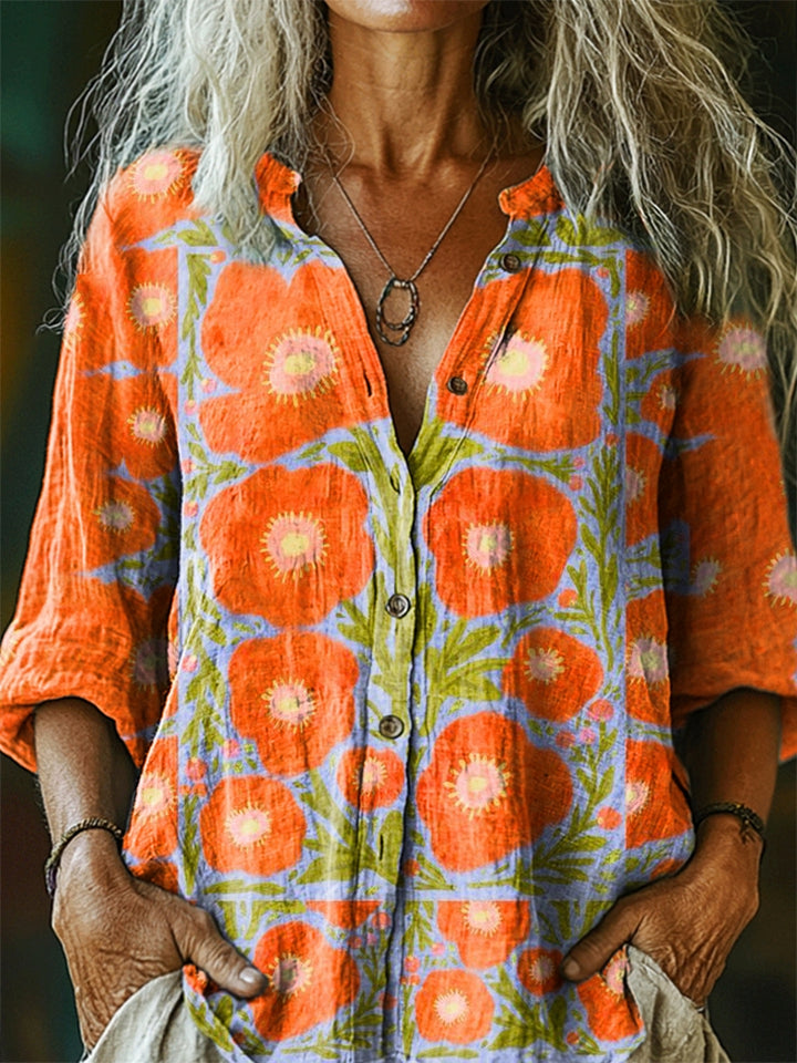 Damesoverhemd met bloemenprint, casual katoen-linnen model.              WORD LID VAN DE FREE SPIRIT-FAMILIEWELKOM BIJ THE VIBEJE BENT AL BINNEN