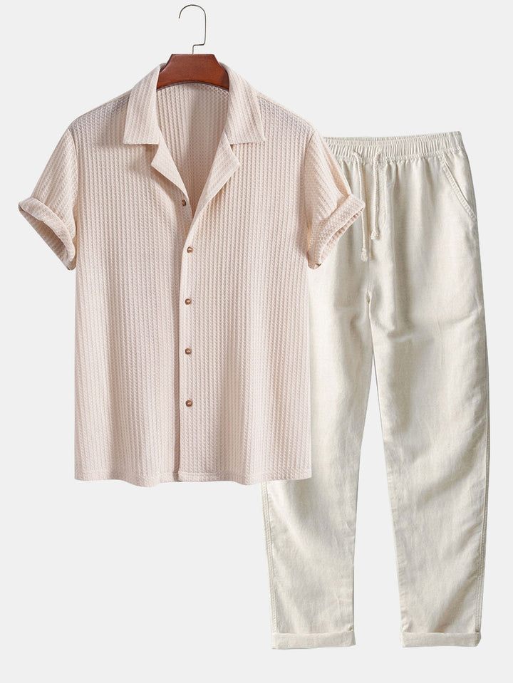 Korte Mouwen Gebreide Wafel Cubaanse Shirt & Rechte Linnen Broek