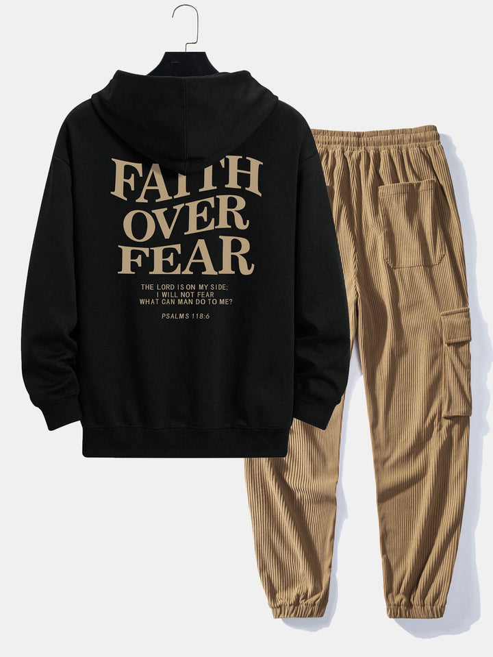 Faith Over Fear Print Relax Fit Hoodie & Drawstring Corduroy Cargo Jogger Pants