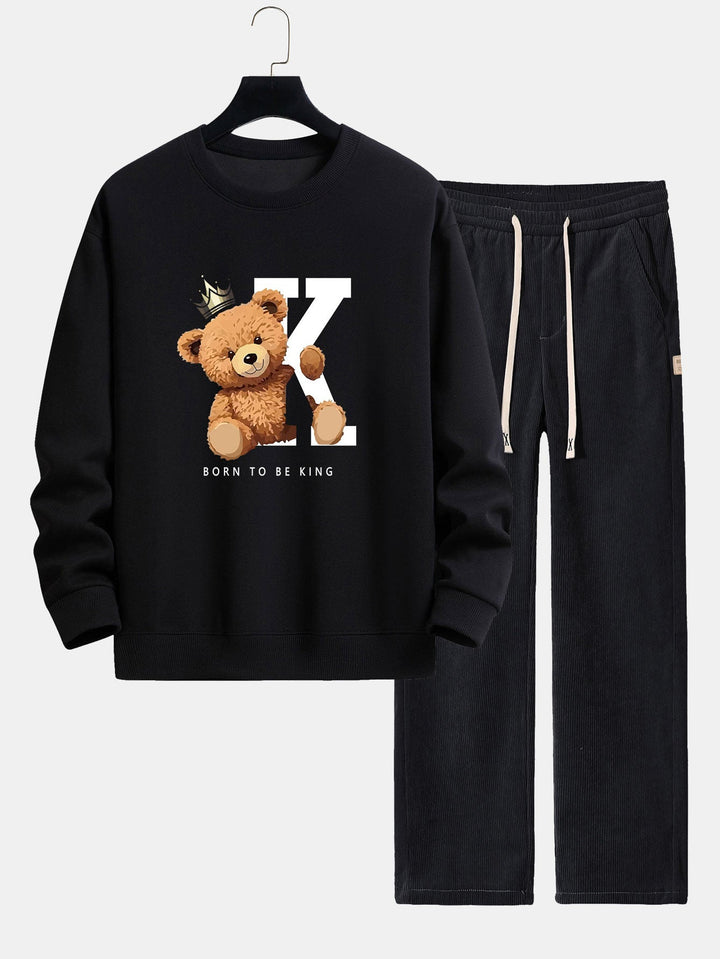 Crown King Bear Print Relax Fit Sweatshirt & Rechte Pijpen Corduroy Broek