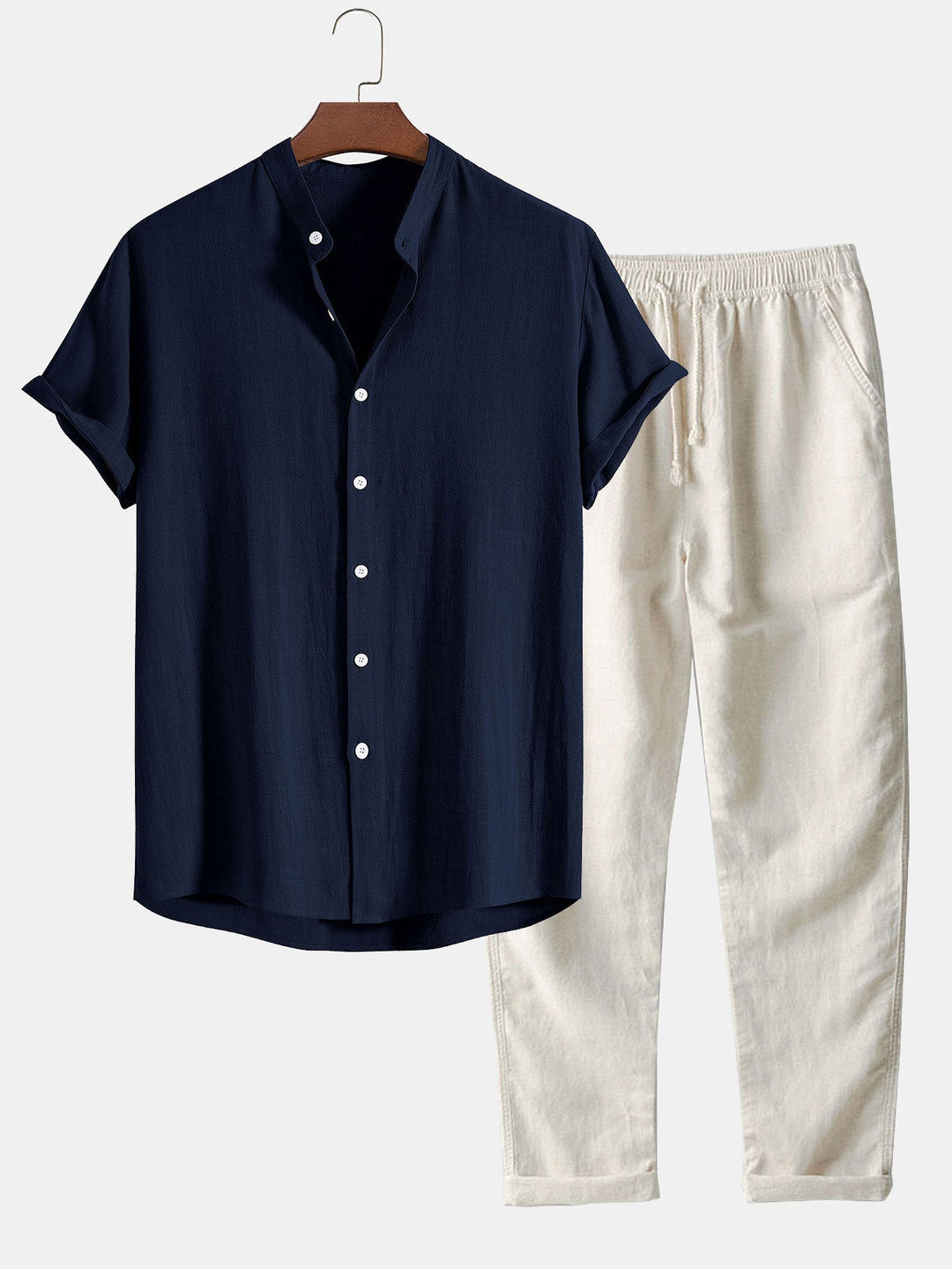 Linnen en Rayon Mix Staande Kraag Shirt & Rechte Pijpen Linnen Broek