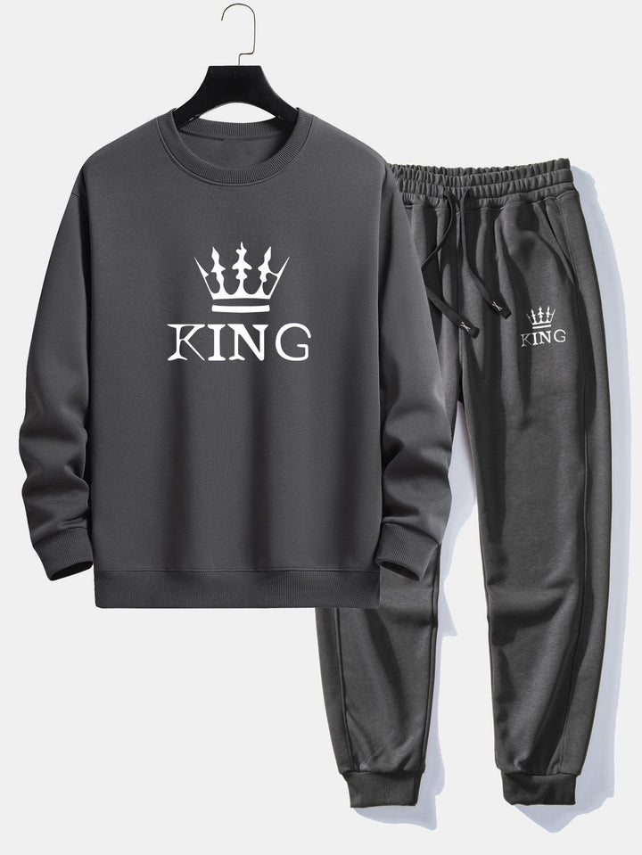 King Crown Print Relax Fit Crew Neck Sweatshirt & Joggingbroek