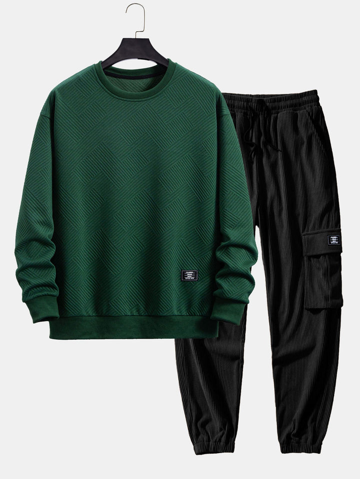 Relax Fit Geometrisch Gestreept Sweatshirt & Trekkoord Corduroy Cargo Jogger Broek