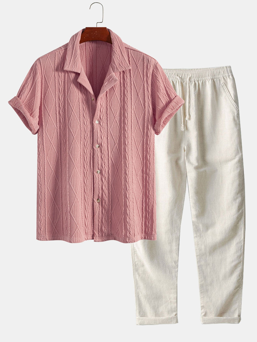 Gebreide Geometrische Textuur Cubaanse Shirt & Rechte Linnen Broek