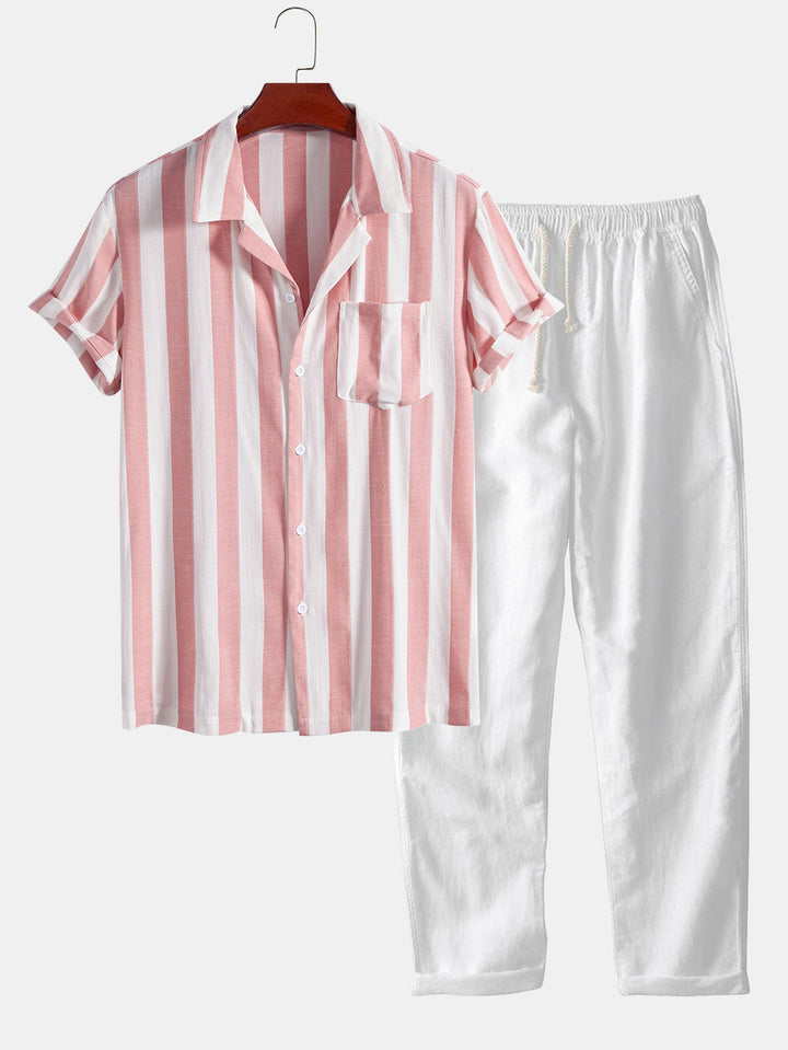 Gestreepte Cubaanse Kraag Shirt & Rechte Linnen Broek