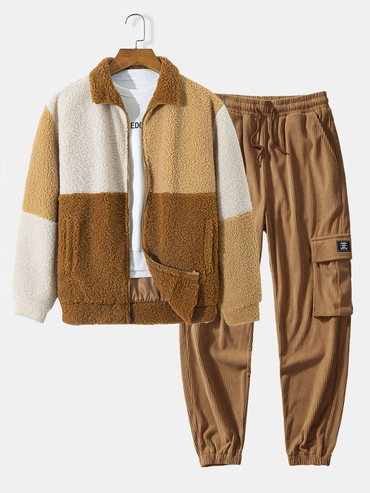 Kleur Blok Teddy Fleece Jas & Trekkoord Corduroy Cargo Joggingbroek