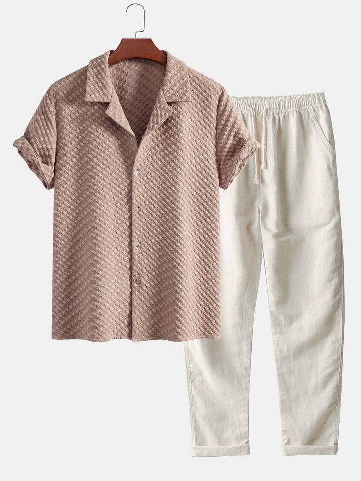 Houndstooth Jacquard Cubaanse Shirt & Rechte Linnen Broek