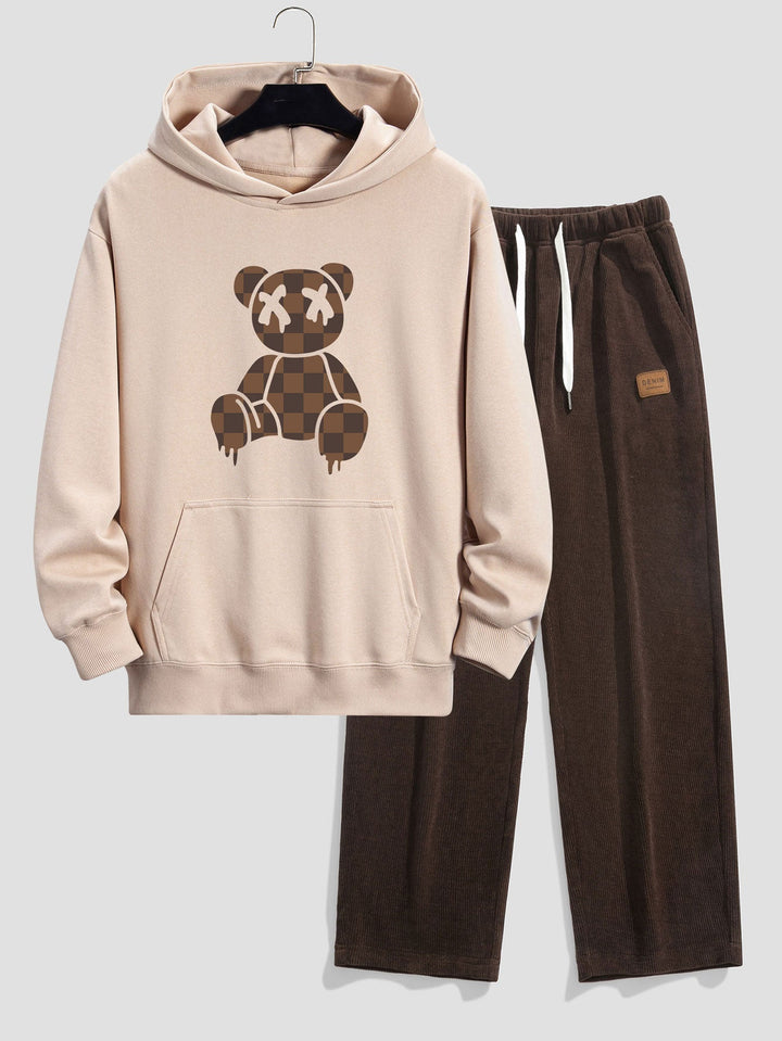Geruite Oplosbare Beerprint Relax Fit Hoodie & Rechte Pijpen Corduroy Broek