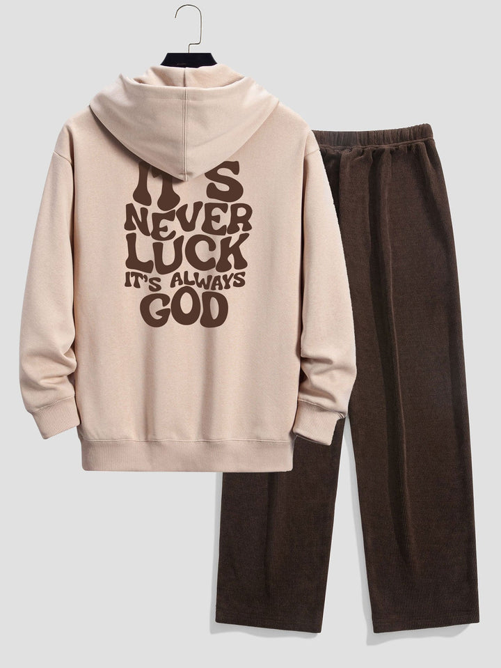 Slogan Achterdruk Relax Fit Hoodie & Rechte Pijpen Corduroy Broek