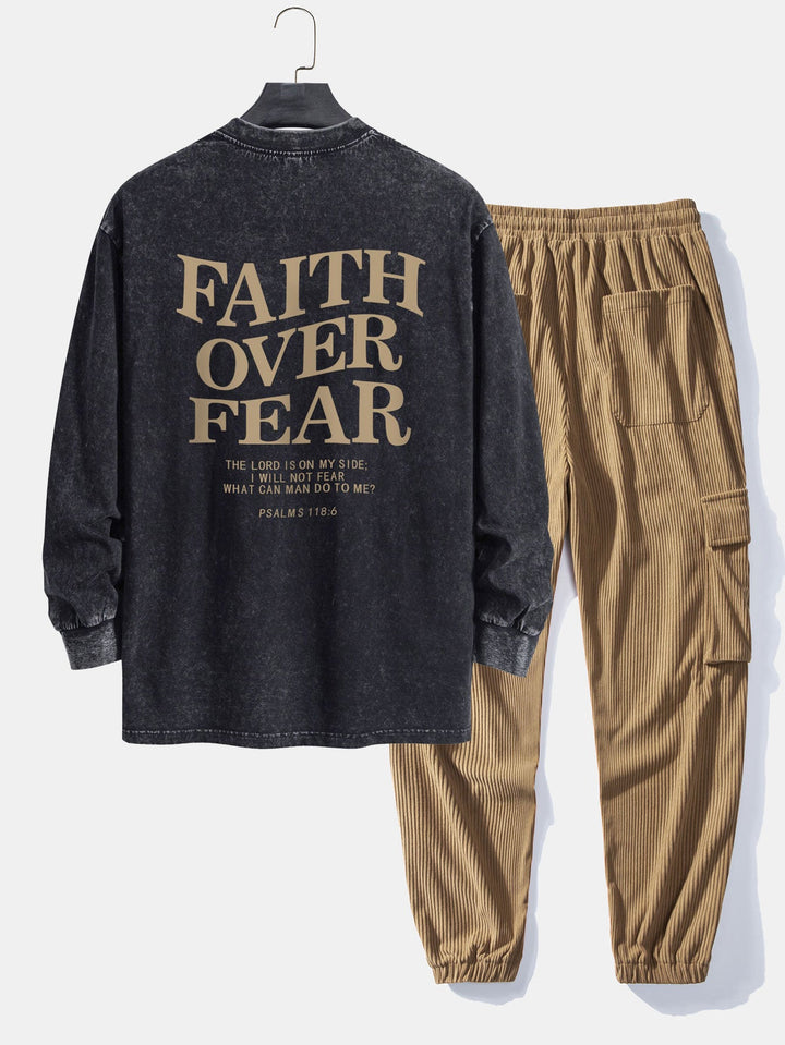 Faith Over Fear Print Relax Fit Gewassen Versleten T-Shirt & Trekkoord Corduroy Cargo Jogger Broek