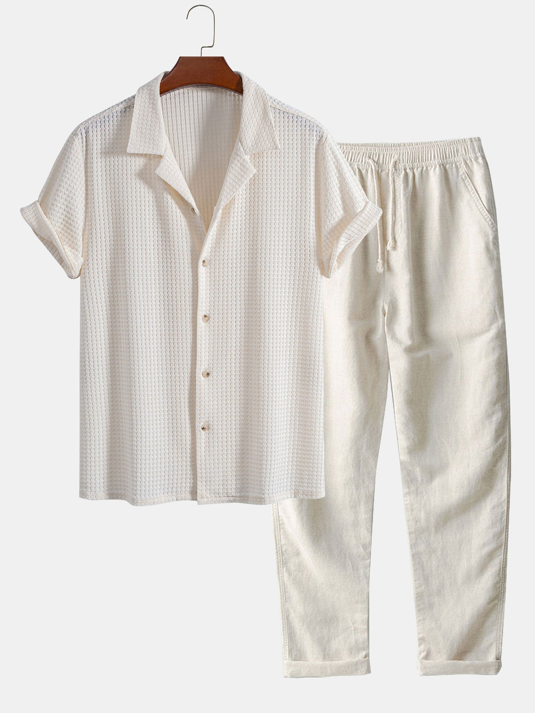 Korte Mouwen Wafel Cubaanse Shirt & Rechte Pijpen Linnen Broek