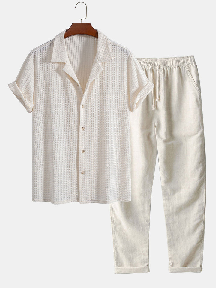 Korte Mouwen Wafel Cubaanse Shirt & Rechte Pijpen Linnen Broek