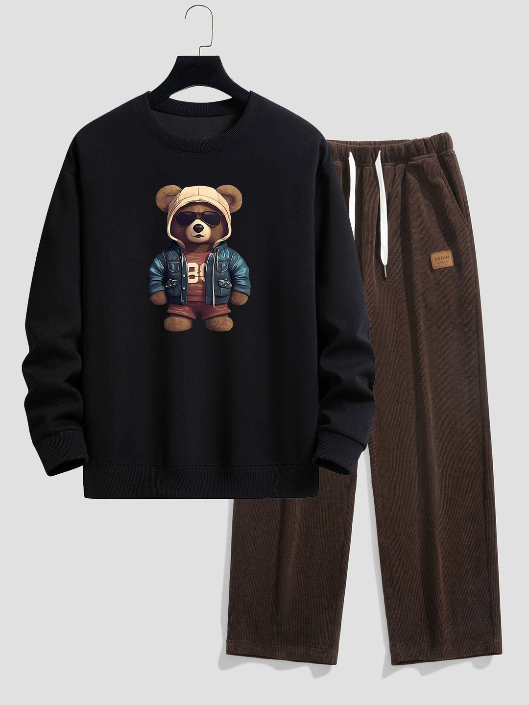 Berenprint in leren jas Relax Fit sweatshirt & rechte corduroy broek