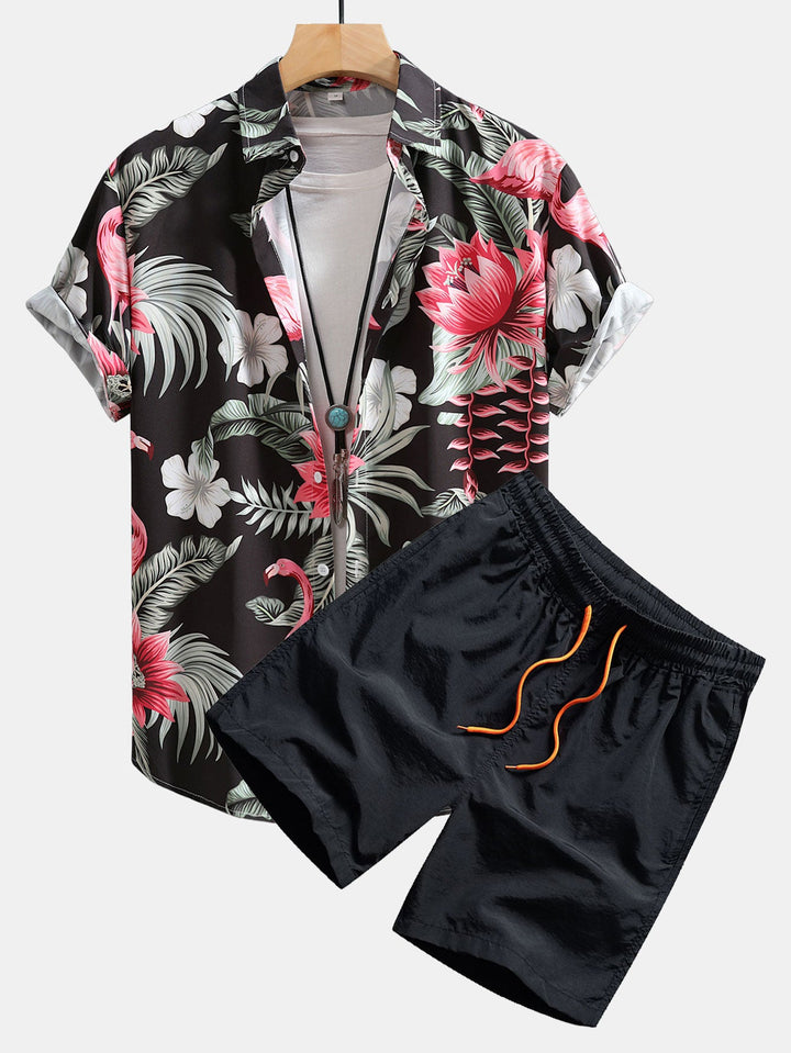 Flamingo Bloemprint Overhemd met Knopen & Zwemshorts