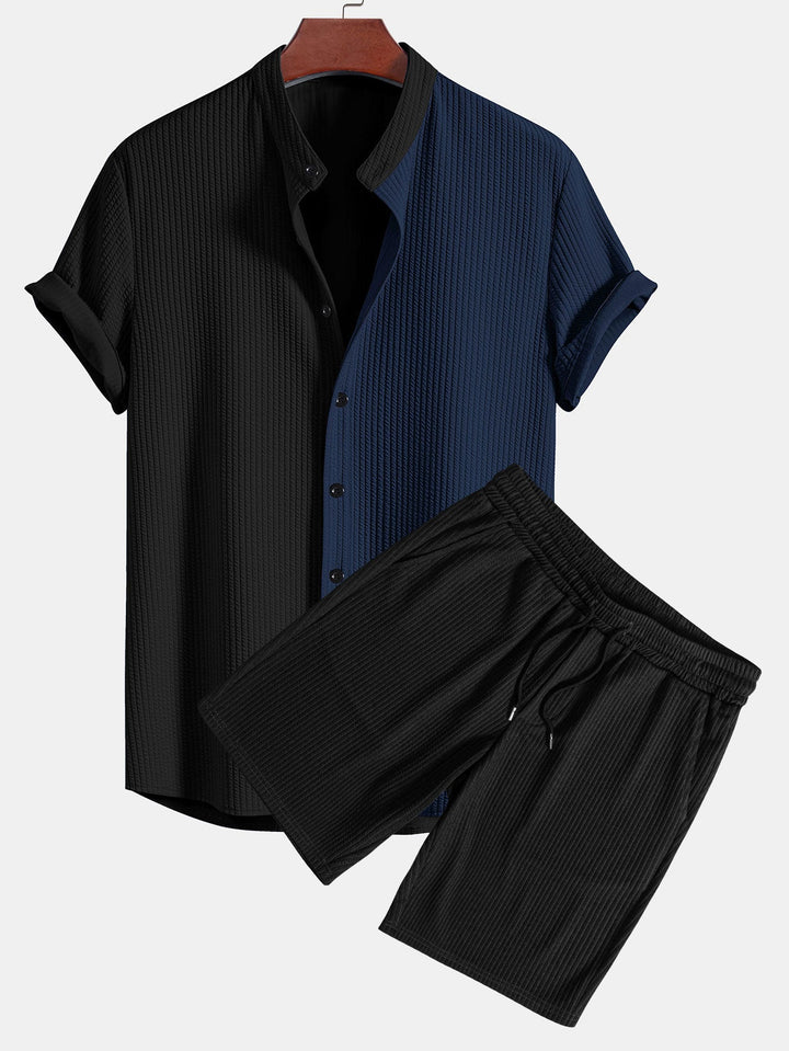 Twee Kleur Spier Fit Geribbelde Staande Kraag Shirt & Shorts