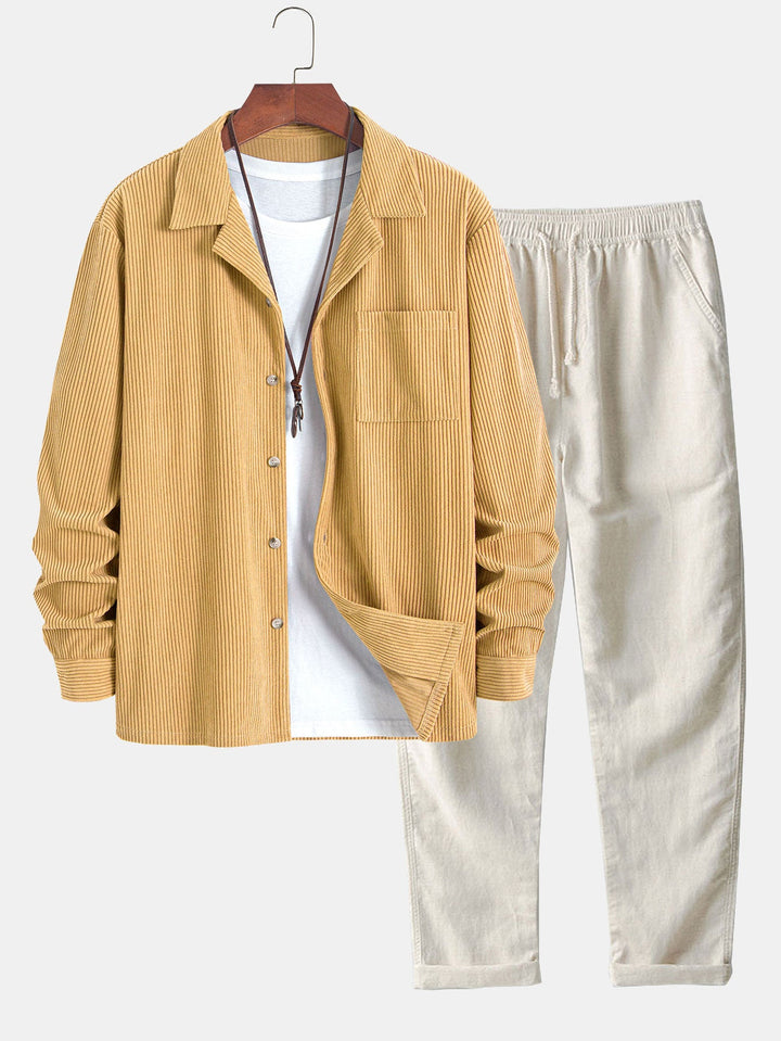 Lange Mouwen Corduroy Cubaanse Kraag Shirt & Rechte Pijpen Linnen Broek