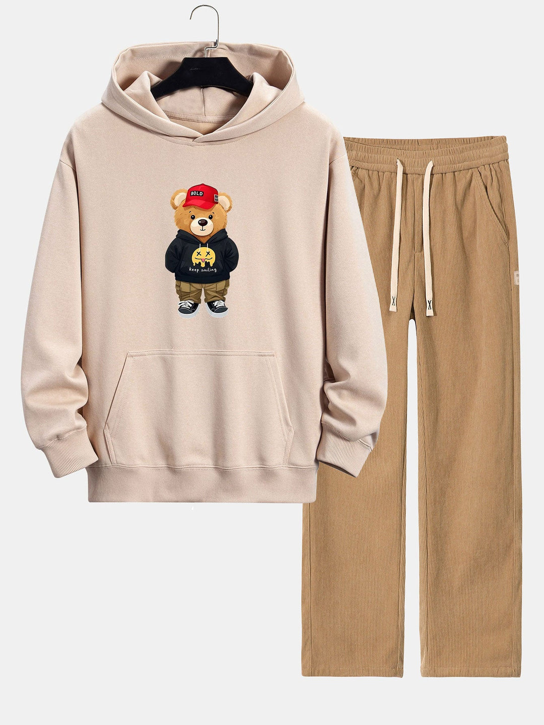 Hip Hop Beer Print Relax Fit Hoodie & Rechte Pijpen Corduroy Broek